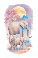 mother elephant and two kids African forestry with large full moon and trees in the background  tattoo design idea