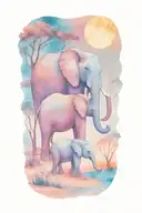 mother elephant and two kids African forestry with large full moon and trees in the background  tattoo design idea