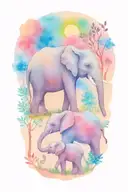 mother elephant and two kids African forestry with large full moon and trees in the background  tattoo design idea