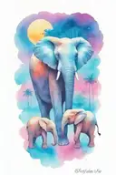 female african elephant and two kids in the moonlight tattoo design idea