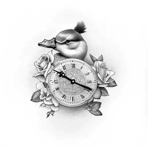 duck with clock and roses tattoo design idea