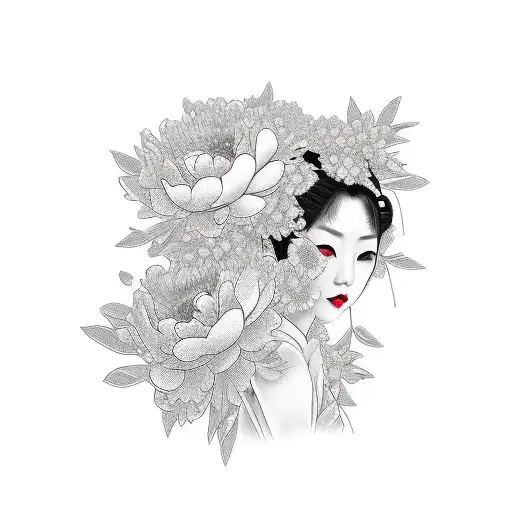 Japanese geisha with peonies tattoo design idea