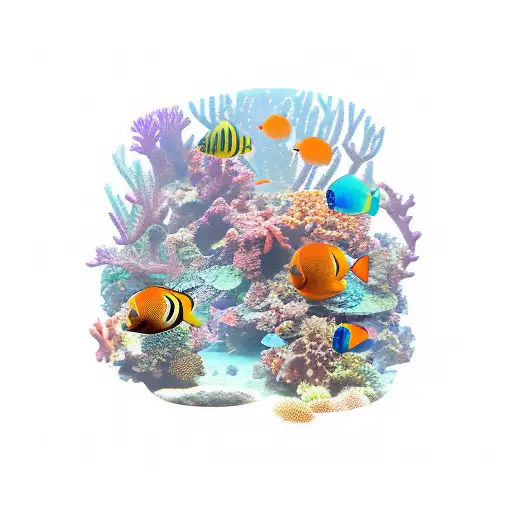 Underwater jungle with vibrant coral reefs and exotic sea creatures tattoo design idea