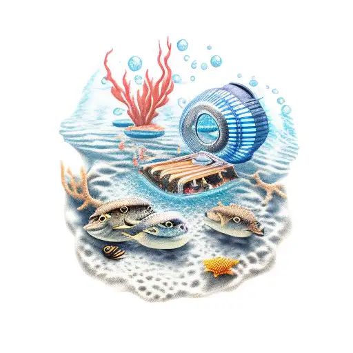 A realistic underwater scene with a tent and campfire on the ocean floor tattoo design idea