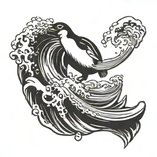 penguin surfing wave crashing tattoo design idea