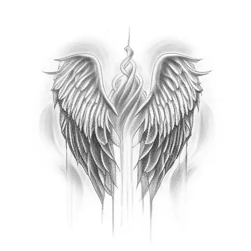 A black and grey tattoo of angel wings with a hidden message dedicated to the client's brother tattoo design idea
