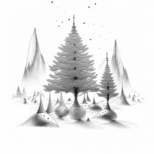 A serene evening scene with antennas and trees in a dotwork style tattoo design idea