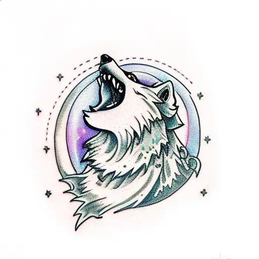 Wolf howling at the moon with musical notes tattoo design idea