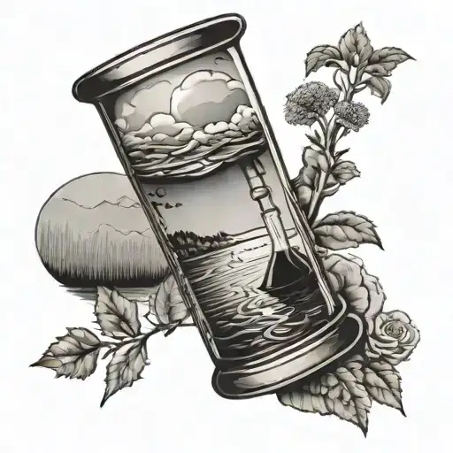 A black-grey tattoo of a scientific beaker with a lake scene inside tattoo design idea