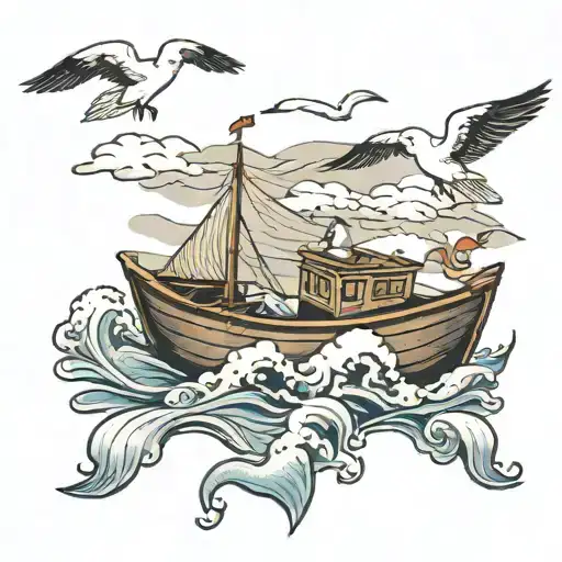a rowing boat on the waves with 2 seagulls flying and a pair of hands shaking  tattoo design idea