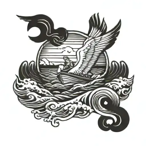 a rowing boat on the waves with 2 seagulls flying and a pair of hands shaking  tattoo design idea