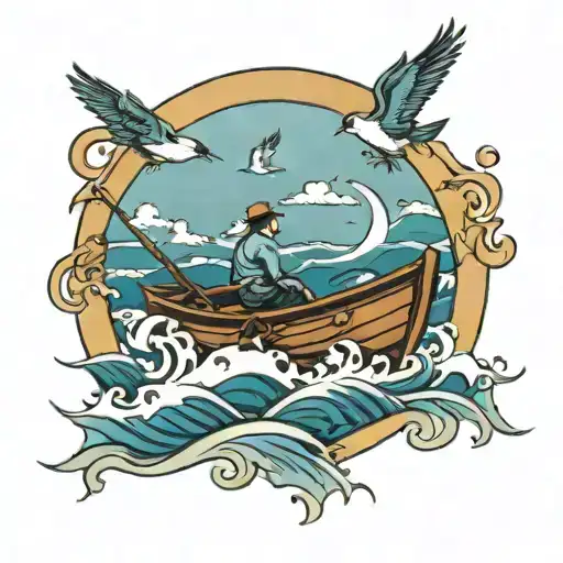 a rowing boat on the waves with birds flying tattoo design idea