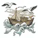 a rowing boat on the waves with 2 seagulls flying and a pair of hands shaking  tattoo design idea