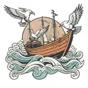 a rowing boat on the waves with 2 seagulls flying and a pair of hands shaking  tattoo design idea