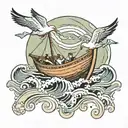 a rowing boat on the waves with 2 seagulls flying and a pair of hands shaking  tattoo design idea