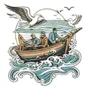 a rowing boat on the waves with 2 seagulls flying and a pair of hands shaking  tattoo design idea