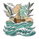 a rowing boat on the waves with seagulls flying tattoo design idea