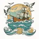 a rowing boat on the waves with seagulls flying tattoo design idea