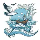 a rowing boat on the waves with seagulls flying tattoo design idea