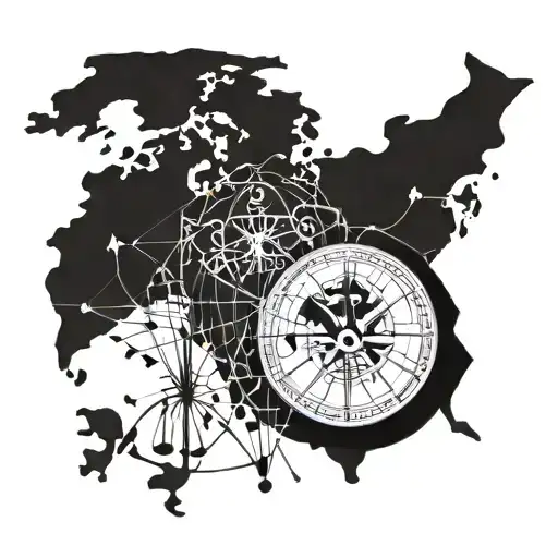 A world map made out of musical notes, with a compass rose pointing towards your hometown tattoo design idea