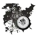 A world map made out of musical notes, with a compass rose pointing towards your hometown tattoo design idea
