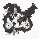 A world map made out of musical notes, with a compass rose pointing towards your hometown tattoo design idea