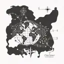 A world map made out of musical notes, with a compass rose pointing towards your hometown tattoo design idea