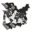 A world map made out of musical notes, with a compass rose pointing towards your hometown tattoo design idea