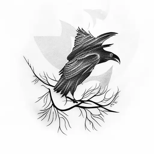 raven with branches cherry tree tattoo design idea