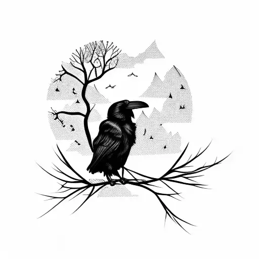raven with branches cherry tree tattoo design idea