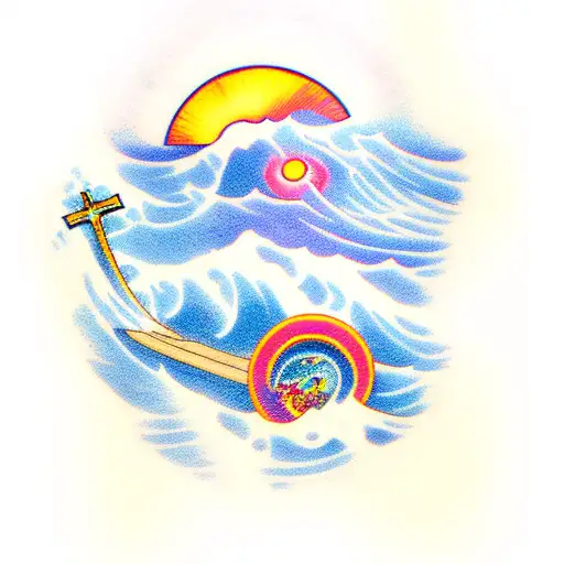 Ocean Wave and a crucifix and sunset tattoo design idea