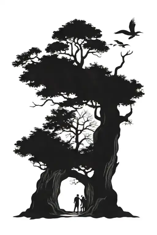 big tree in spirit realm with people walking away make friends tattoo design idea