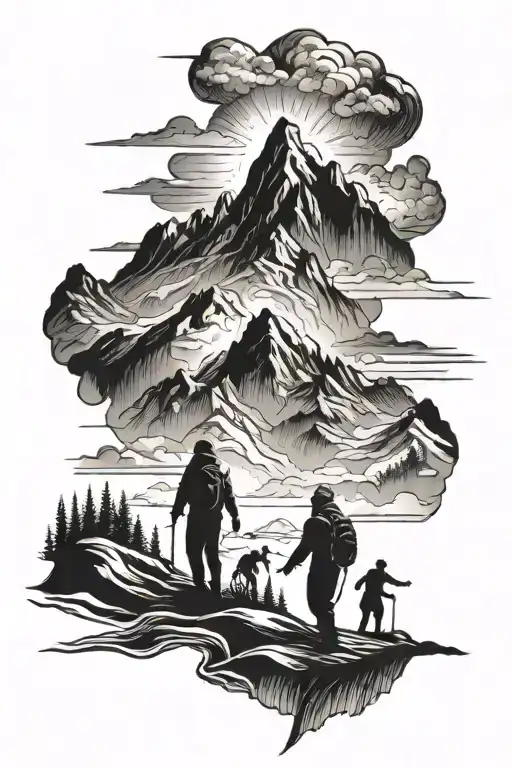 mountains in spirit realm with people walking away tattoo design idea