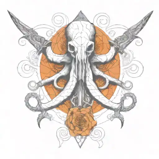 cow skull octopus head with knives. long horns long tentacles tattoo design idea