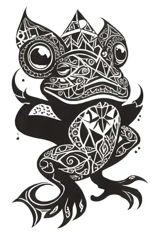 a frog with geometric patterns shading its face and a bird head dress flowing down his shoulders the feathers irriadiate tattoo design idea