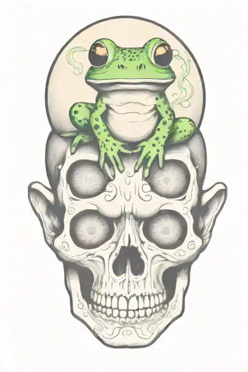 frog on skull in the style of salvador dali . the frog has long whispy moustache on lip tattoo design idea