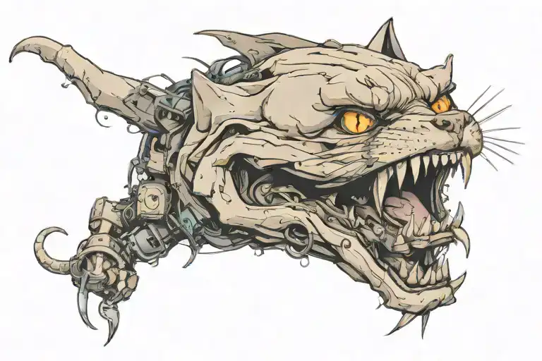 junkyard cat face. winking eye. smiling.. lips tucked.teeth are out and showing with a large broken top fang tattoo design idea