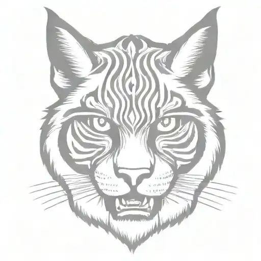 cartoon bobcat face. Wide black stripe down his face. lips tucked.teeth are out and showing with a large broken top fang tattoo design idea