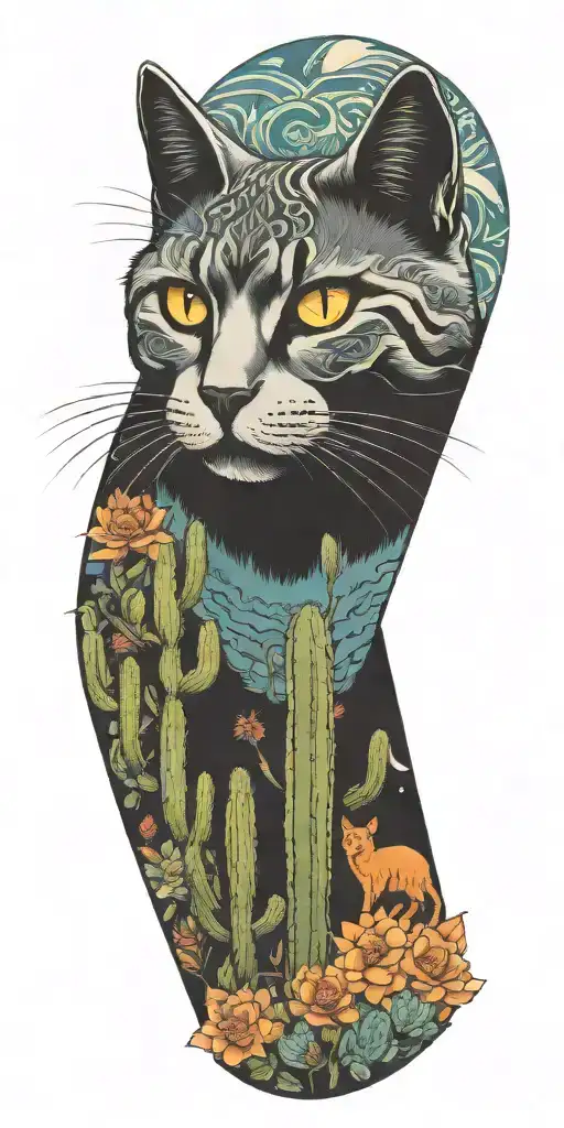 cat, tall cactus, acid wave triangle fractals tattoo design idea