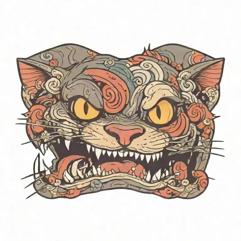 junkyard cat face. winking eye. smiling.. lips tucked.teeth are out and showing with a large broken top fang tattoo design idea