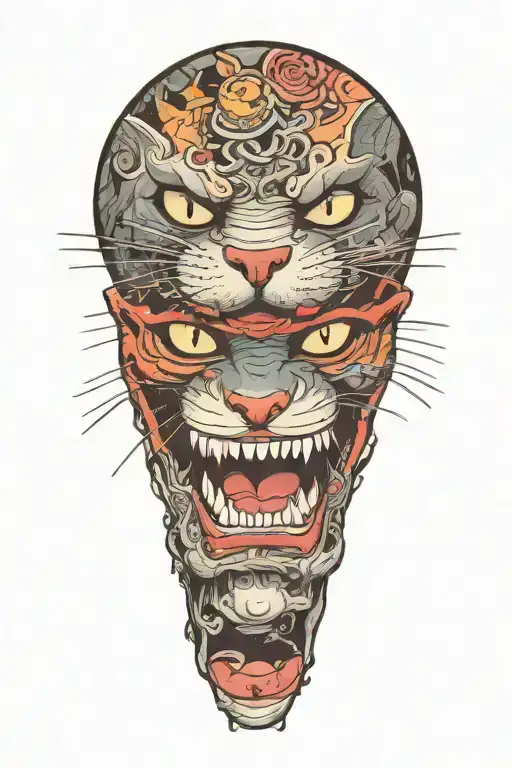 junkyard cat face. winking eye. smiling.. lips tucked.teeth are out and showing with a large broken top fang tattoo design idea