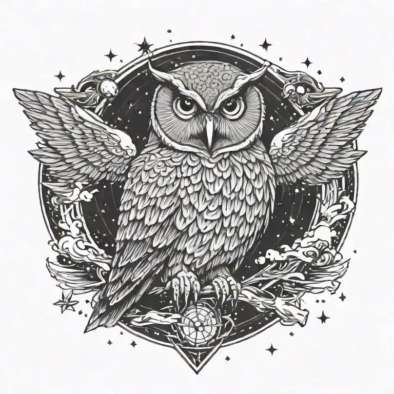 Owl sitting on explosion. moon, stars, nuclear mushroom cloud background. world on fire tattoo design idea