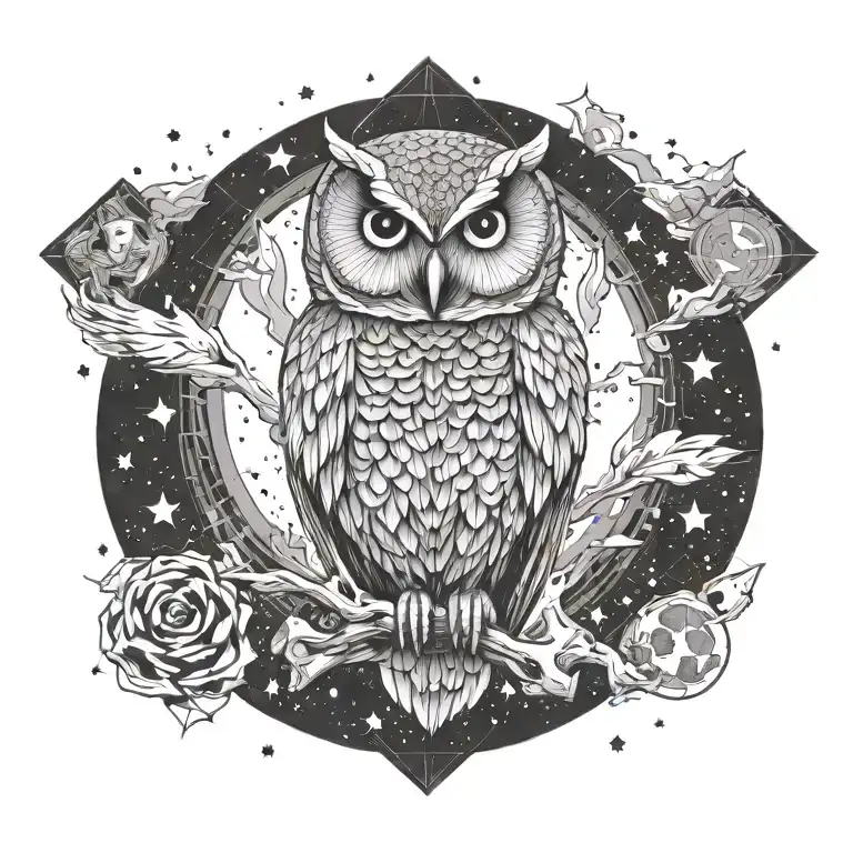 Owl sitting explosion. moon, stars, nuclear mushroom cloud background. world on fire tattoo design idea