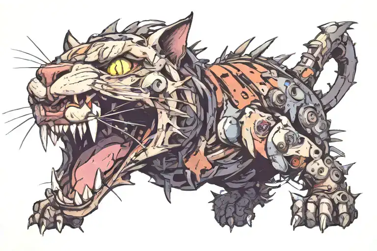 junkyard cat face. winking eye. smiling.. lips tucked.teeth are out and showing with a large broken top fang tattoo design idea