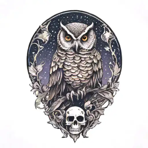 Owl sitting on skull. moon and stars in background. iridescent feathers  tattoo design idea