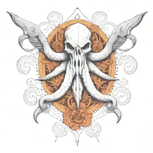 cow skull octopus head with knives. very long horns and longer tentacles tattoo design idea