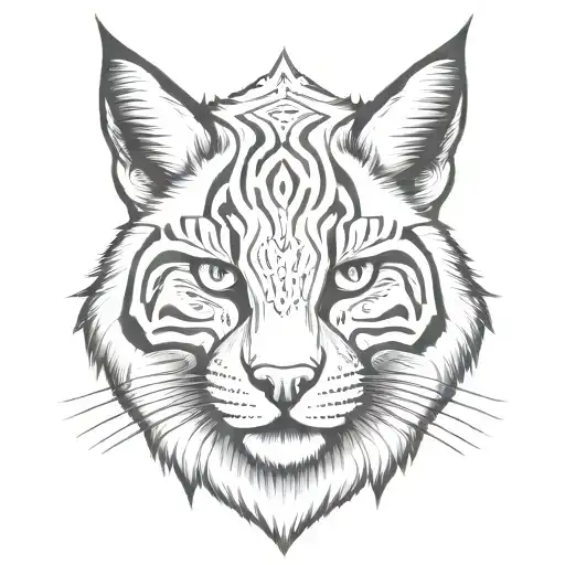 catoon bobcat face. Wide black stripe down his face. teeth showing with a broken fang tattoo design idea