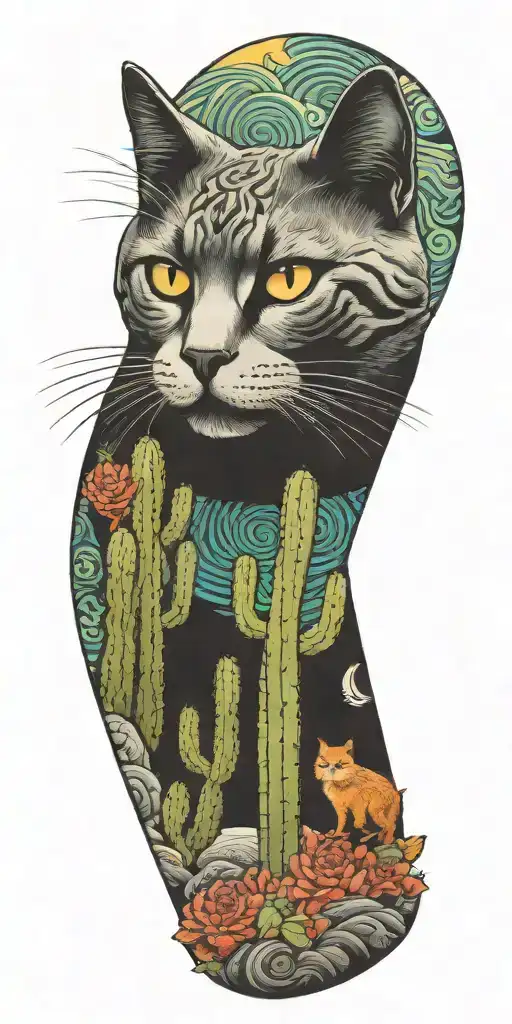 cat, tall cactus, acid wave triangle fractals tattoo design idea