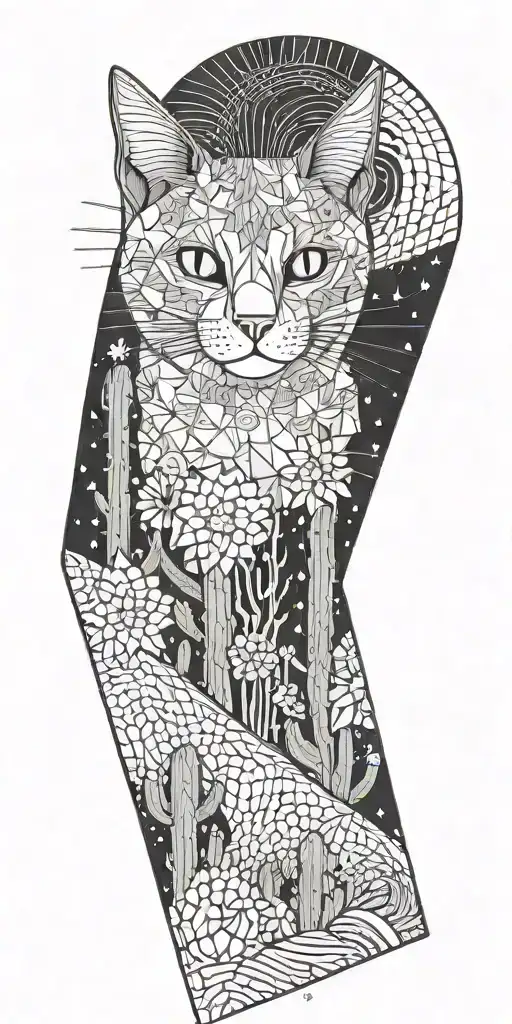 cat, tall cactus, acid wave triangle fractals tattoo design idea