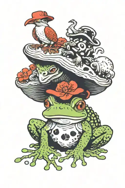 frog wearing a mushroom hater and the hat has a bird perched on it and the bird is wearing an octopus tattoo design idea